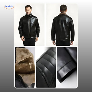 veste en cuir noir présentée de face et de dos, aperçu des détails en fourrure et finitions