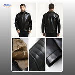 veste en cuir noir présentée de face et de dos, aperçu des détails en fourrure et finitions