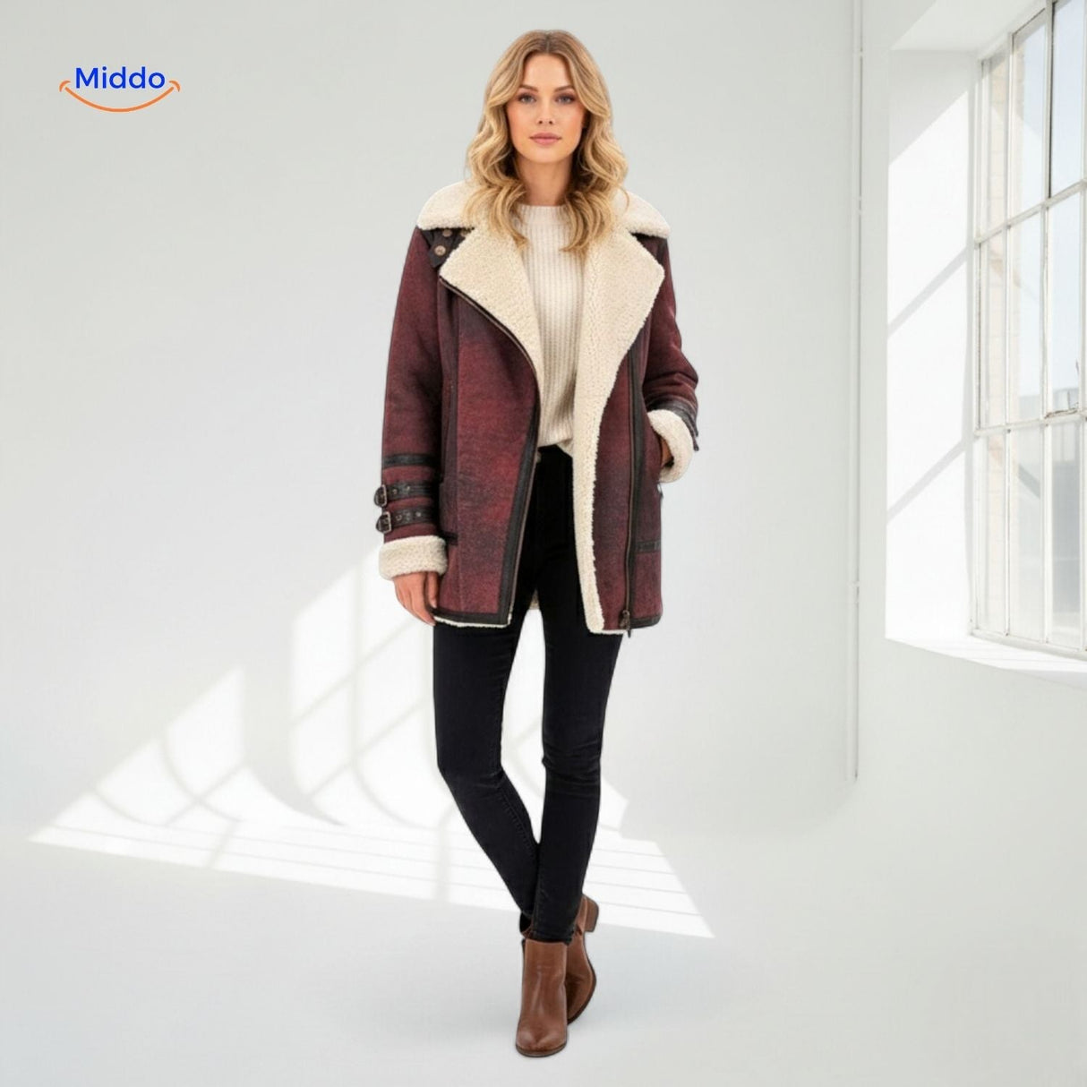 veste fausse fourrure bordeaux rouge avec détails cuir, manteau chaud au style sophistiqué