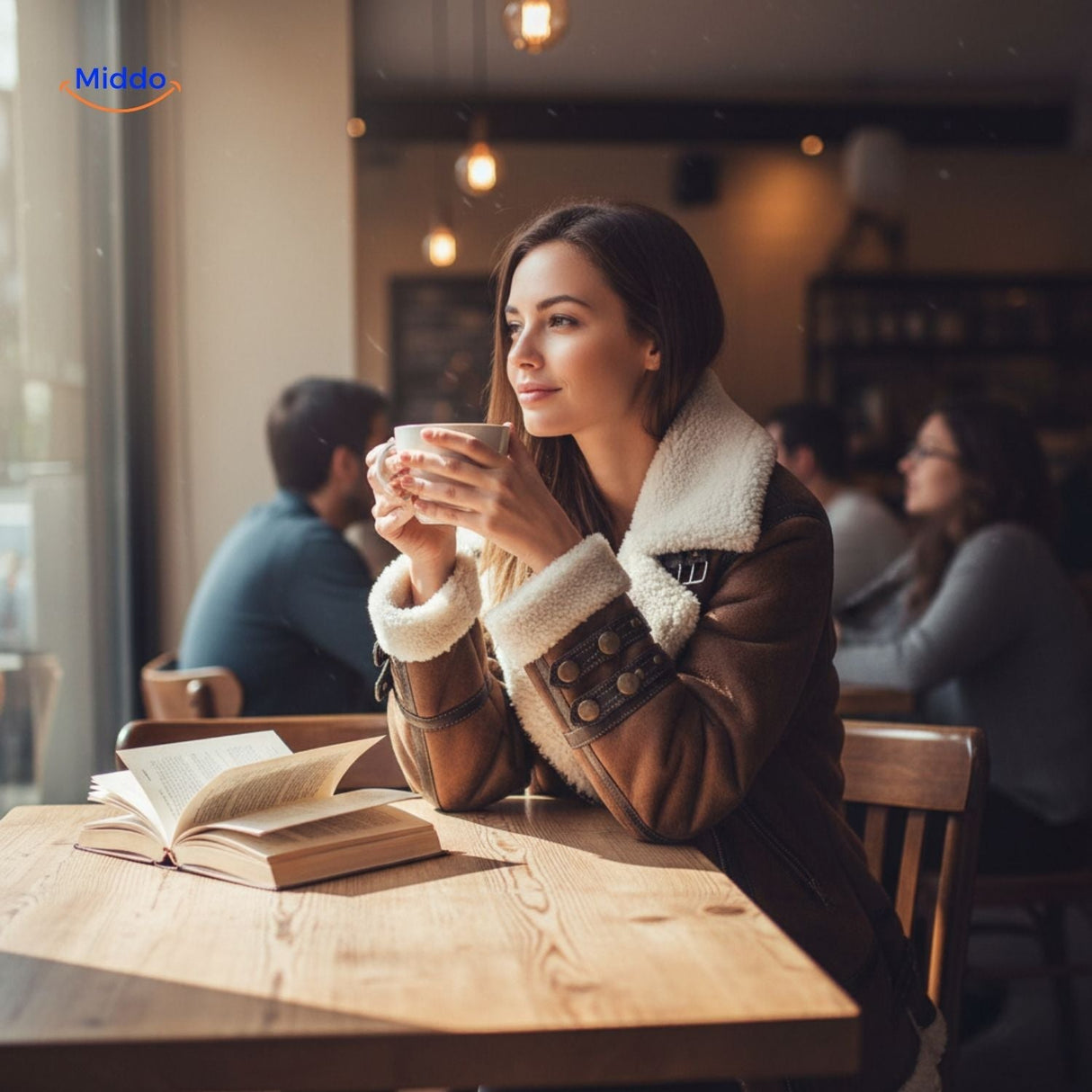 veste fausse fourrure en situation dans un café avec livres et café, look cosy et élégant