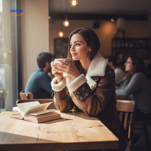 veste fausse fourrure en situation dans un café avec livres et café, look cosy et élégant