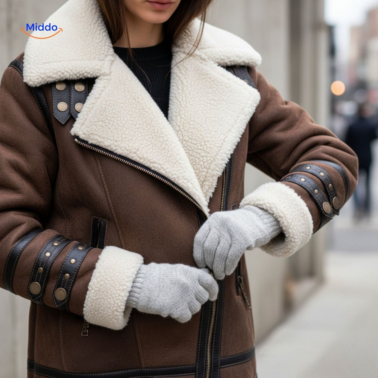 gros plan détails veste fausse fourrure, col moelleux et finitions façon cuir de qualité