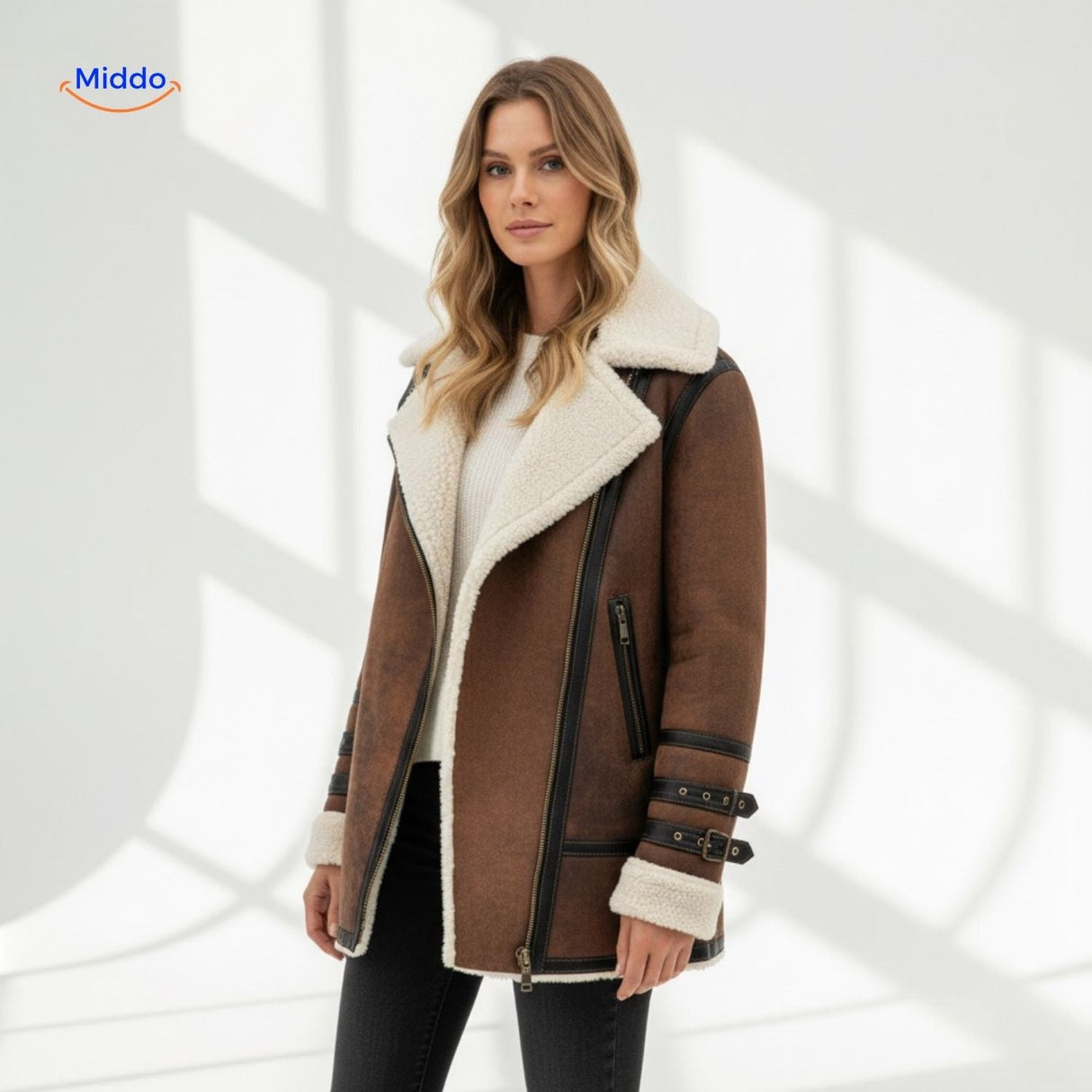 veste fausse fourrure portée en intérieur avec lumière naturelle, look automne stylé