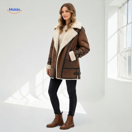 veste fausse fourrure en situation avec outfit complet et bottines, style élégant coupe-vent
