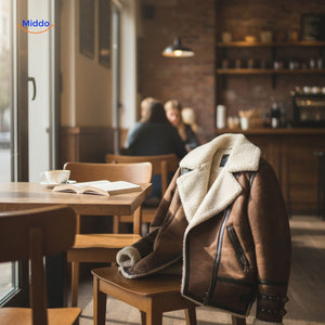 veste fausse fourrure posée sur une chaise dans un café chaleureux, ambiance cosy et stylée