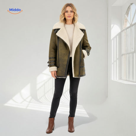 veste fausse fourrure vert olive avec zip latéral, coupe-vent chaud en coloris tendance