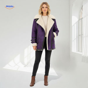 veste fausse fourrure coloris violet avec détails façon cuir, coupe-vent chaud et design élégant