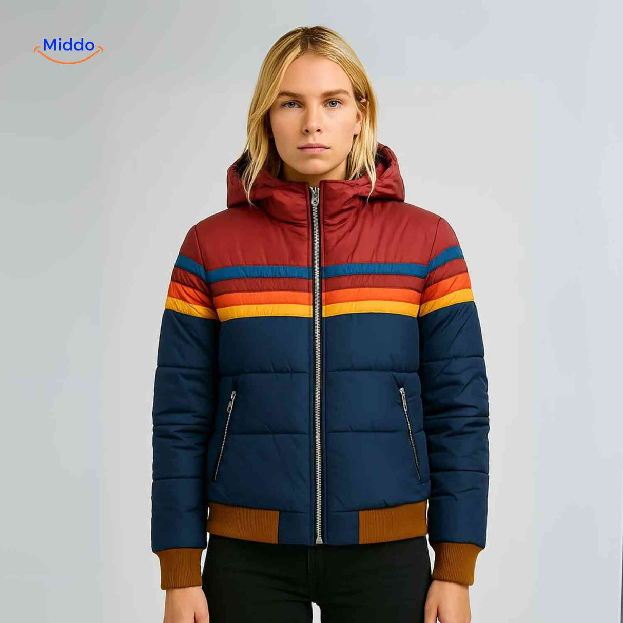 veste légère rouge et bleue style rétro avec capuche, idéale pour le quotidien