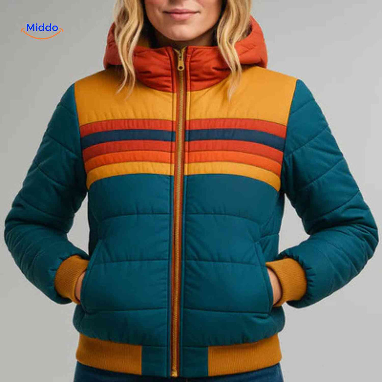 veste légère verte et orange style rétro pour femme, couleurs vives et élégantes