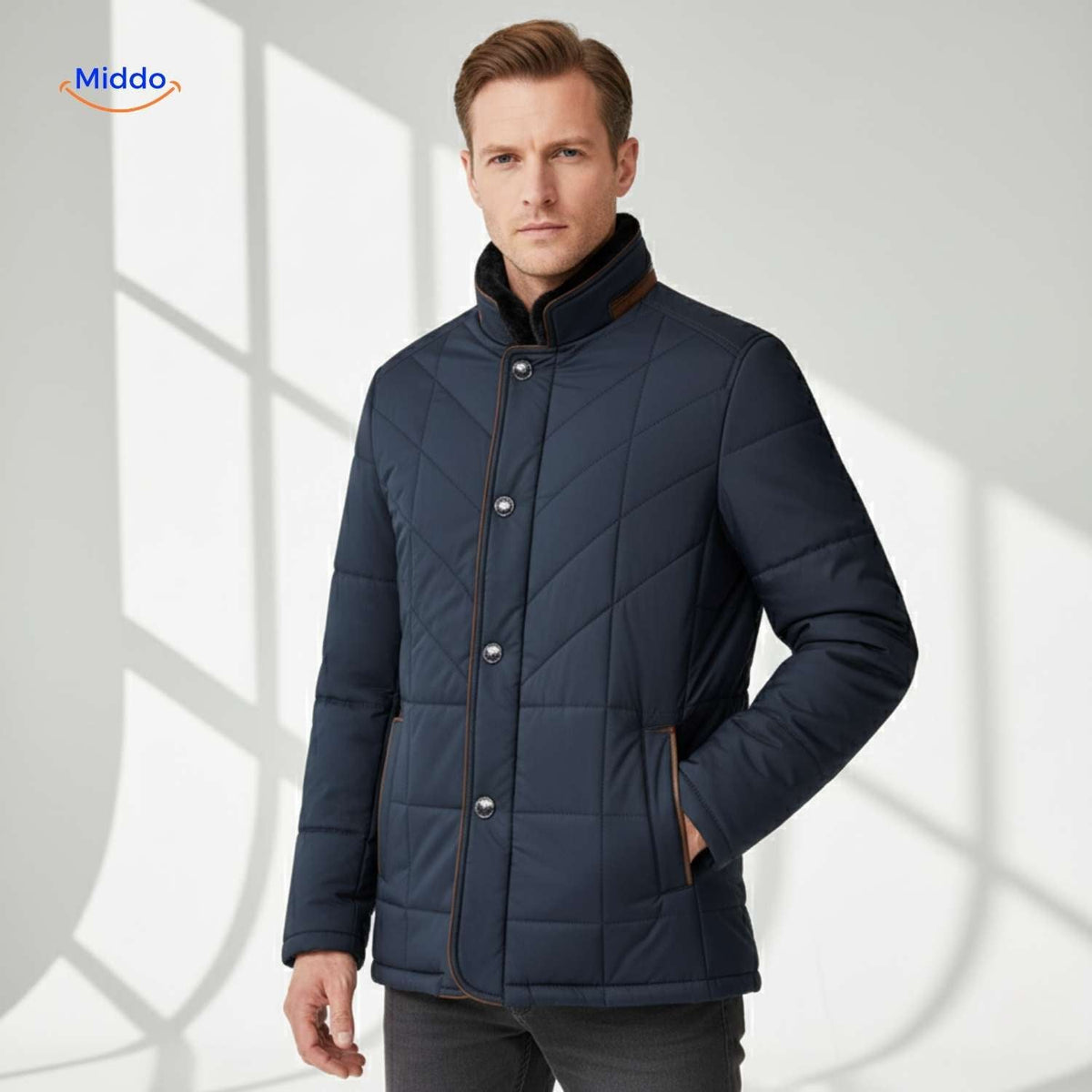 veste matelassée homme bleu marine avec col montant, fond clair épuré