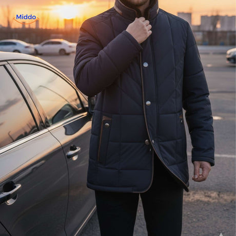 veste matelassée homme près d'une voiture avec boutons et poches clairement visibles