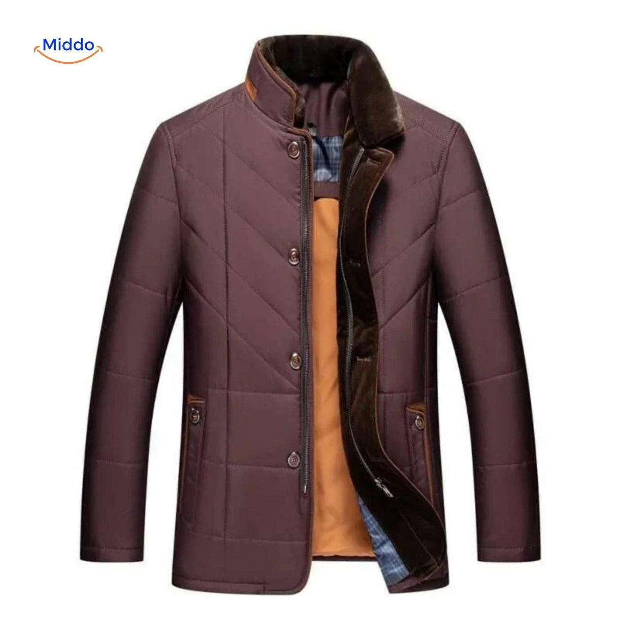 veste matelassée marron ouverte montrant la doublure intérieure et les boutons