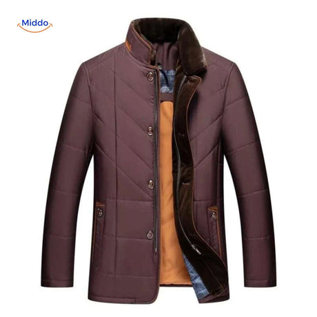 veste matelassée marron ouverte montrant la doublure intérieure et les boutons