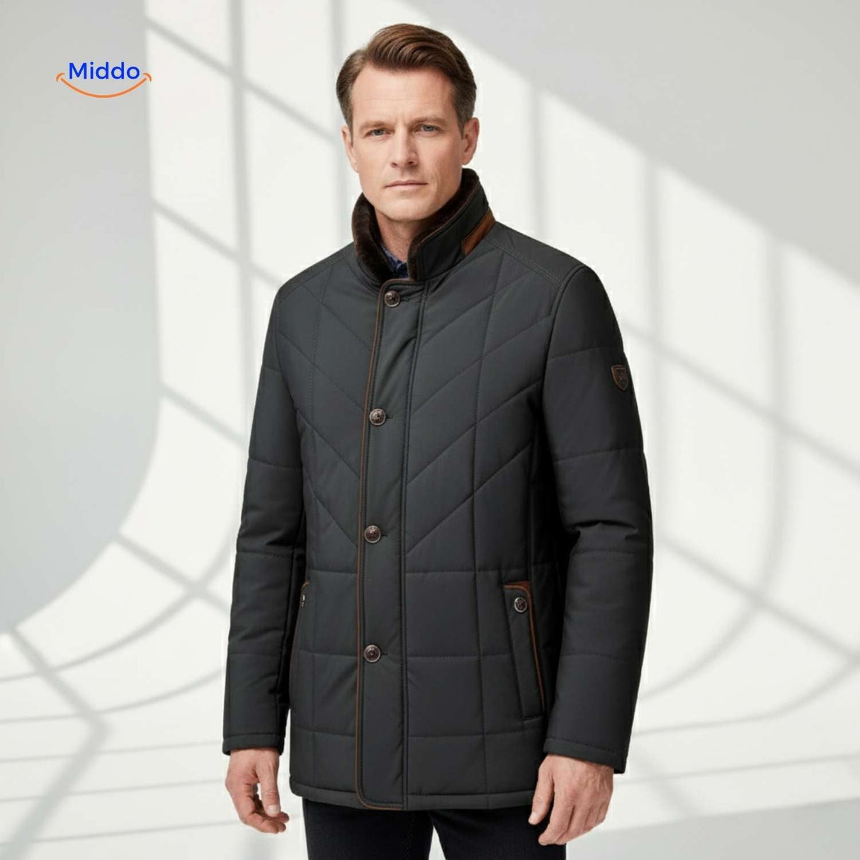 veste matelassée noire avec boutons et poches, design élégant col montant