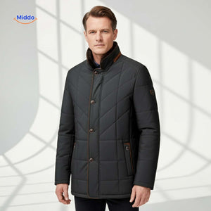 veste matelassée noire avec boutons et poches, design élégant col montant