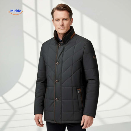 veste matelassée noire avec boutons et poches, design élégant col montant