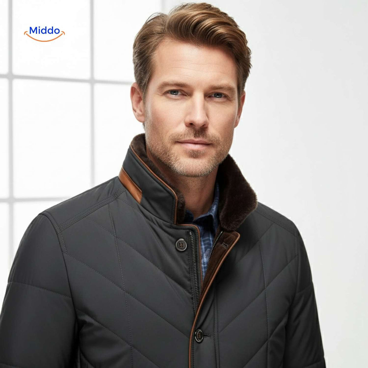 veste matelassée noire avec finitions marron et col montant en matière douce