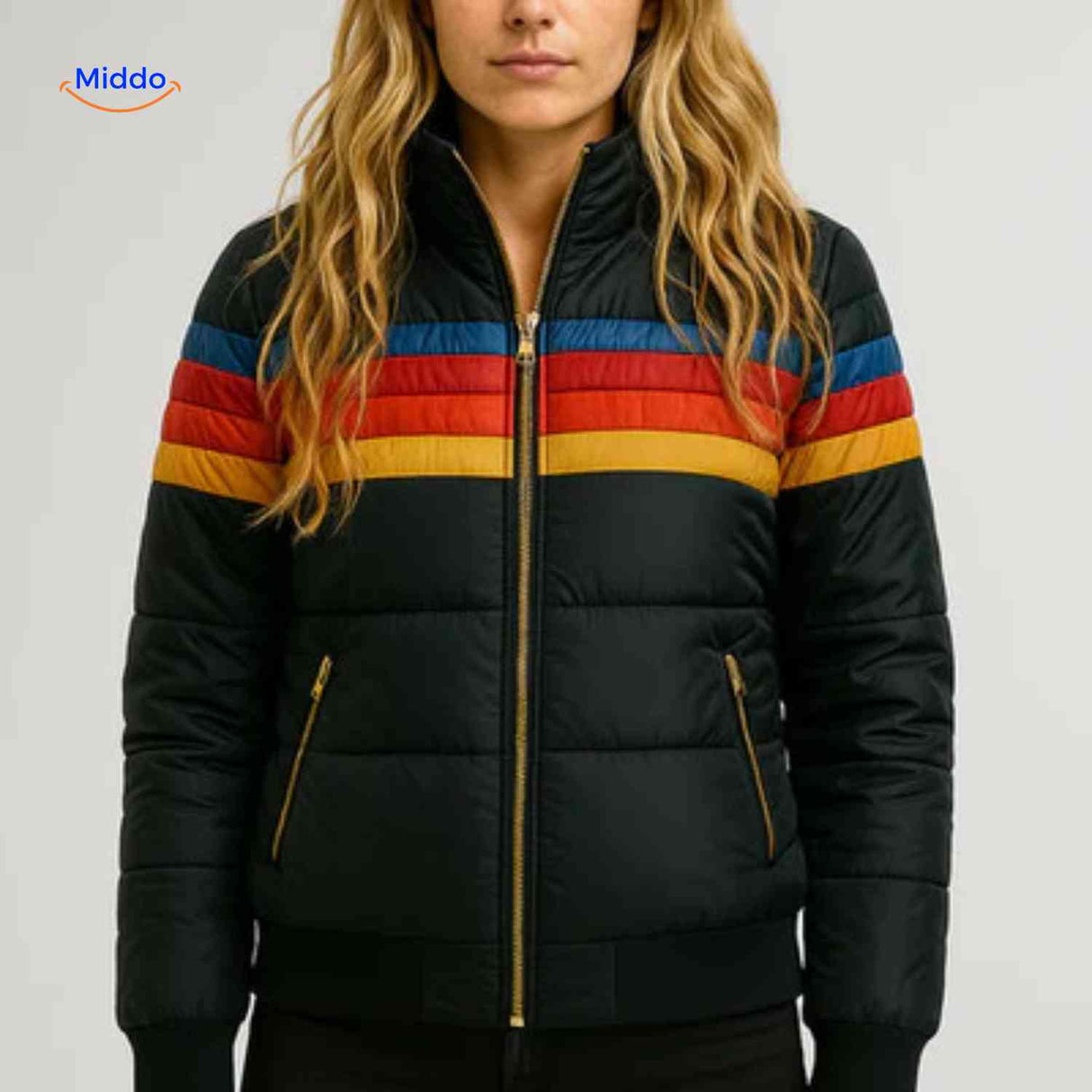 veste noire style puffer rétro avec bandes colorées contrastées sur les côtés