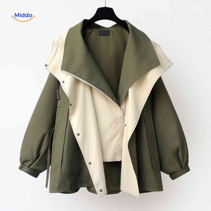 veste oversize verte avec détail crème, coupe élégante femme déperlante