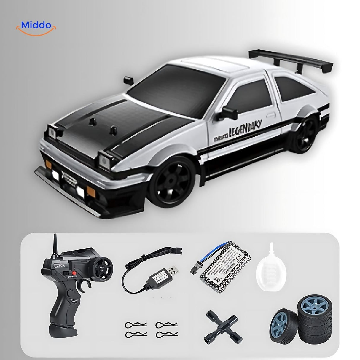 voiture RC drift blanche 4WD avec télécommande et accessoires inclus
