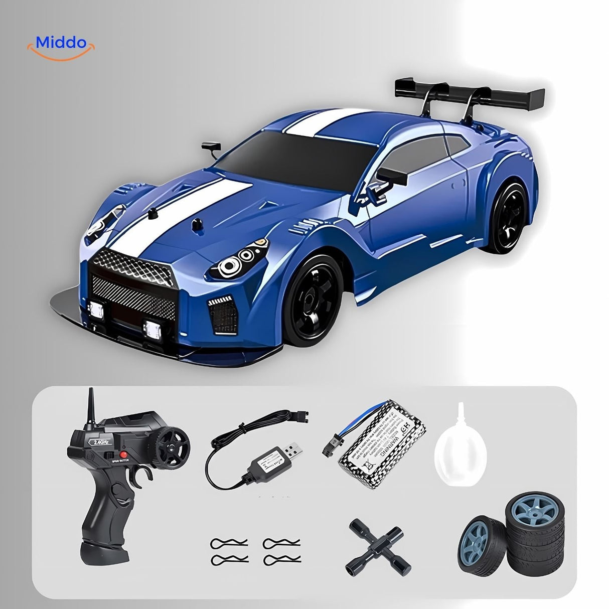 voiture RC drift bleue 4WD avec télécommande et accessoires inclus