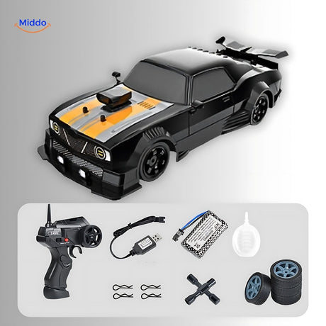 voiture RC drift noire et jaune 4WD avec télécommande et accessoires inclus