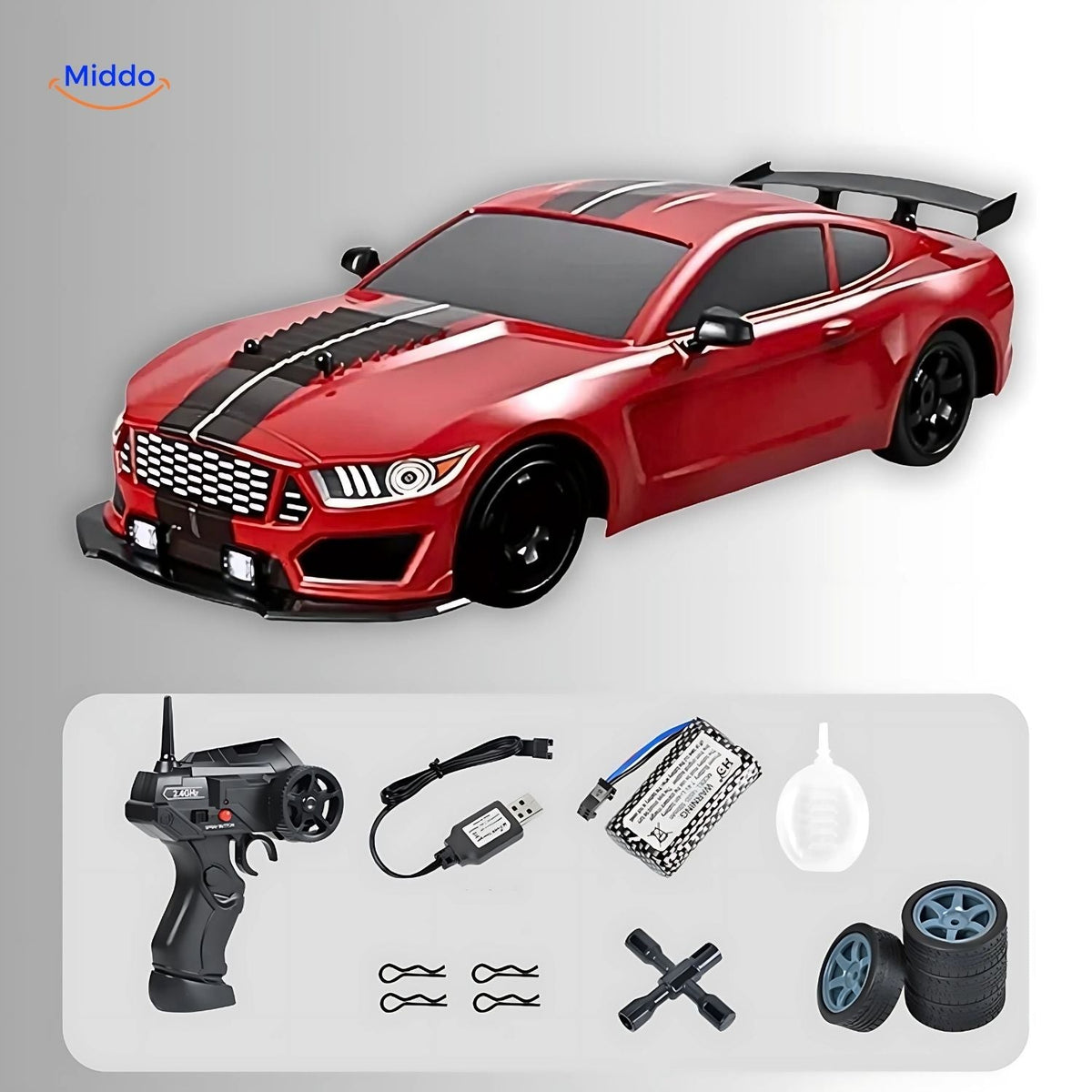 voiture RC drift rouge 4WD avec télécommande et accessoires inclus