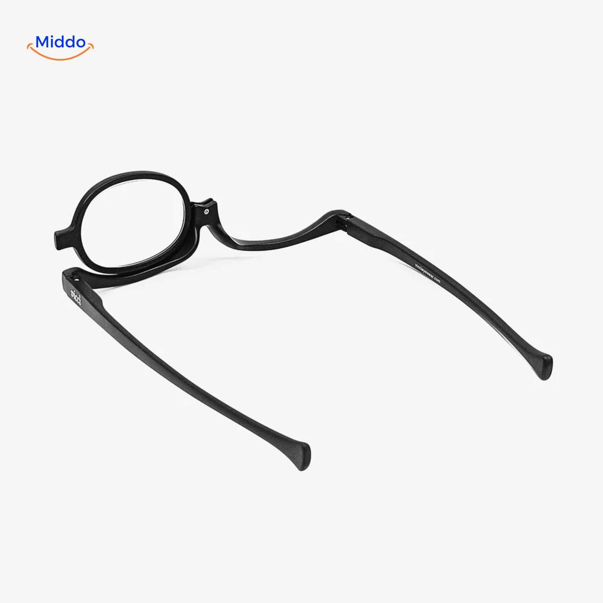 vue de dessus légèrement inclinée montrant la charnière pivotante des lunettes maquillage