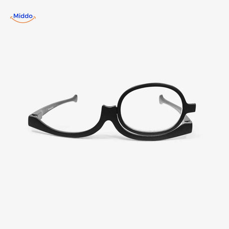 vue de face des lunettes maquillage noires à lentille unique pivotante, gros plan
