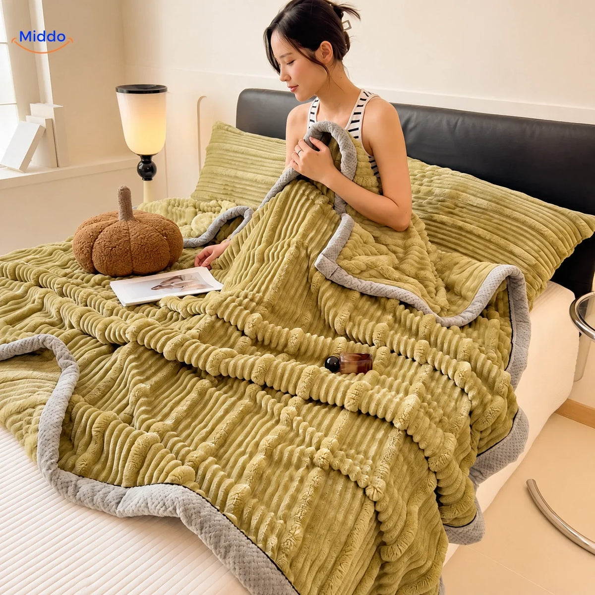 Plaid Winterra à texture côtelée vert olive avec revers doux en polaire