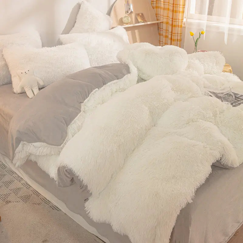 Parure de lit Teddy Fluffy en polaire, Blanc et gris