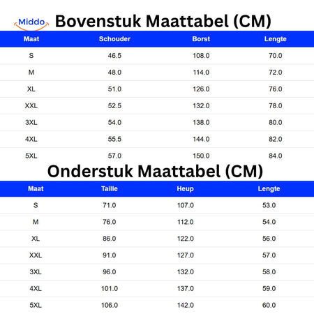 zippora set bovenstuk en onderstuk maattabel met cm maten www.middo.nl