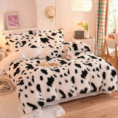 Parure de lit Teddy Fluffy en polaire, Imprimé vache noir et blanc