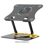 Zwarte 360° draaibare laptopstandaard met ingebouwde ventilator.